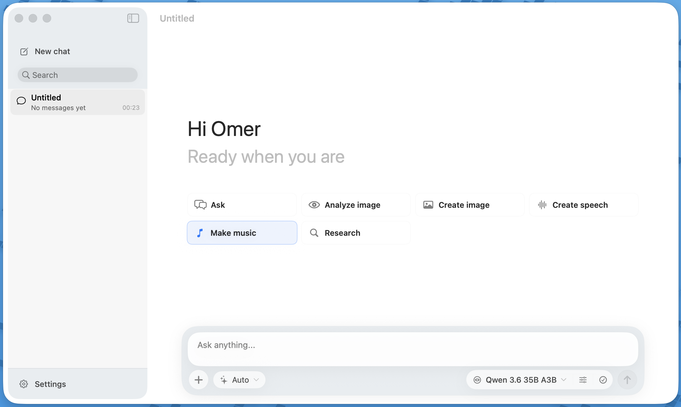 MLXtra home workflow with chat and media mode controls.