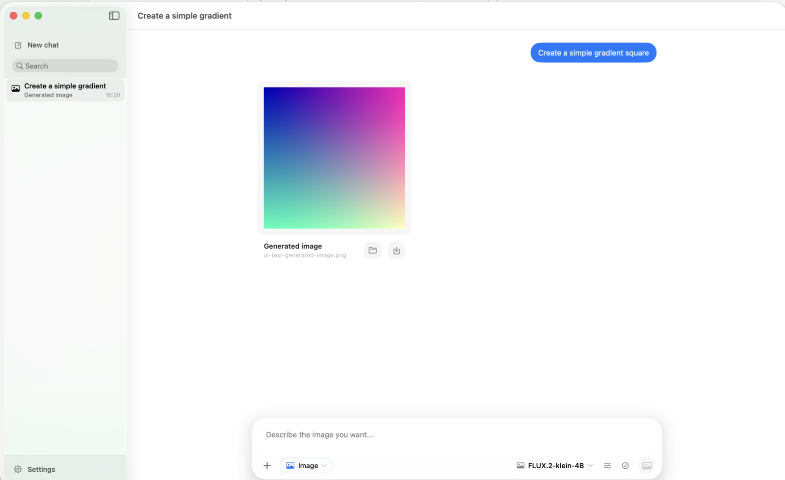 MLXtra image generation workflow with a generated gradient image.