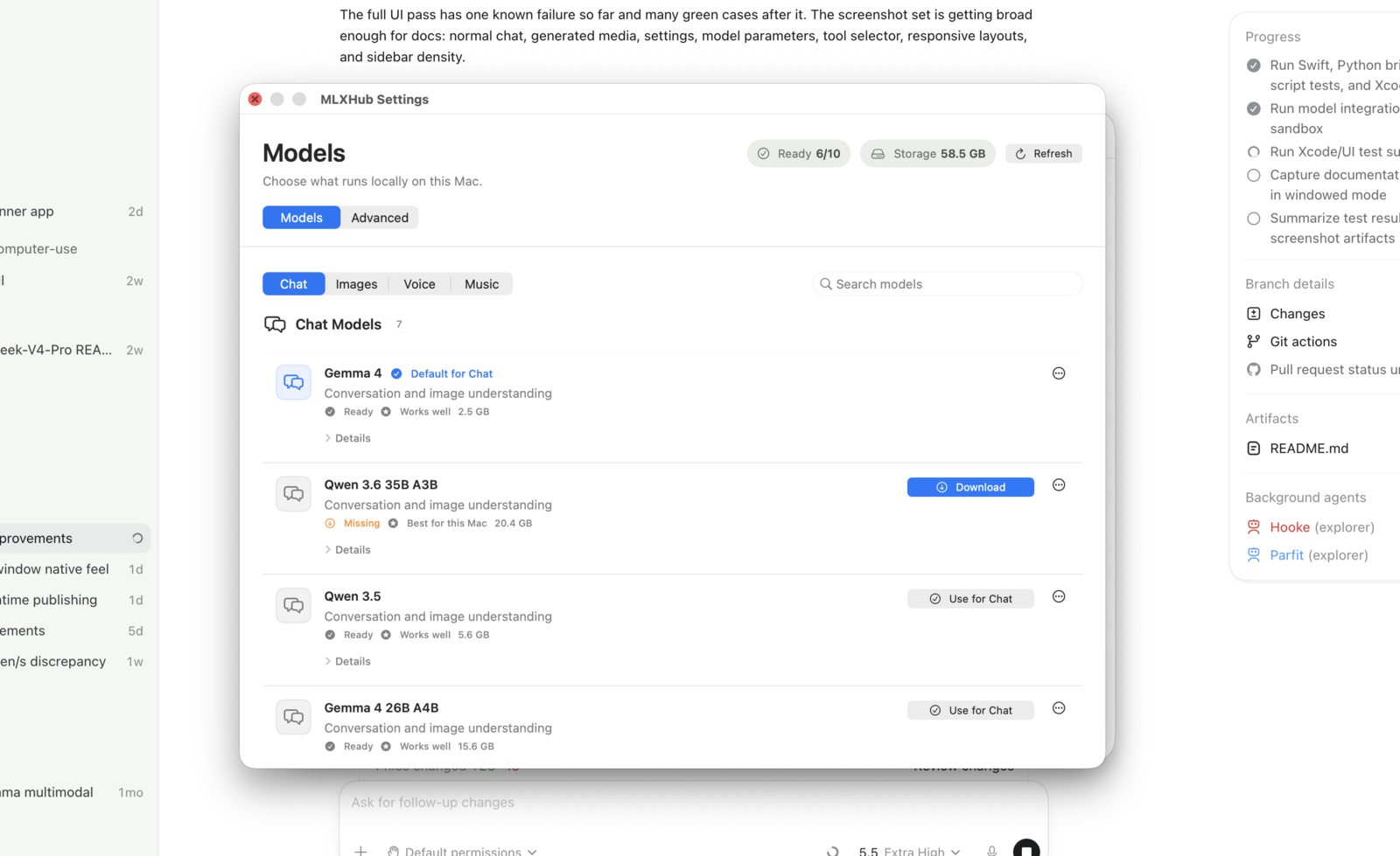 MLXtra settings screen showing downloadable local AI models.